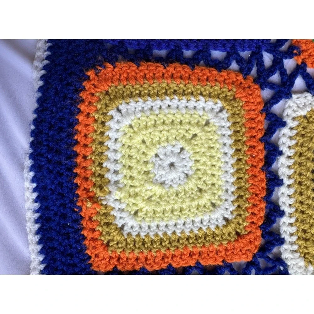 Vtg Squares Crochet Afghan 70's Granny Blanket Multicolor 43